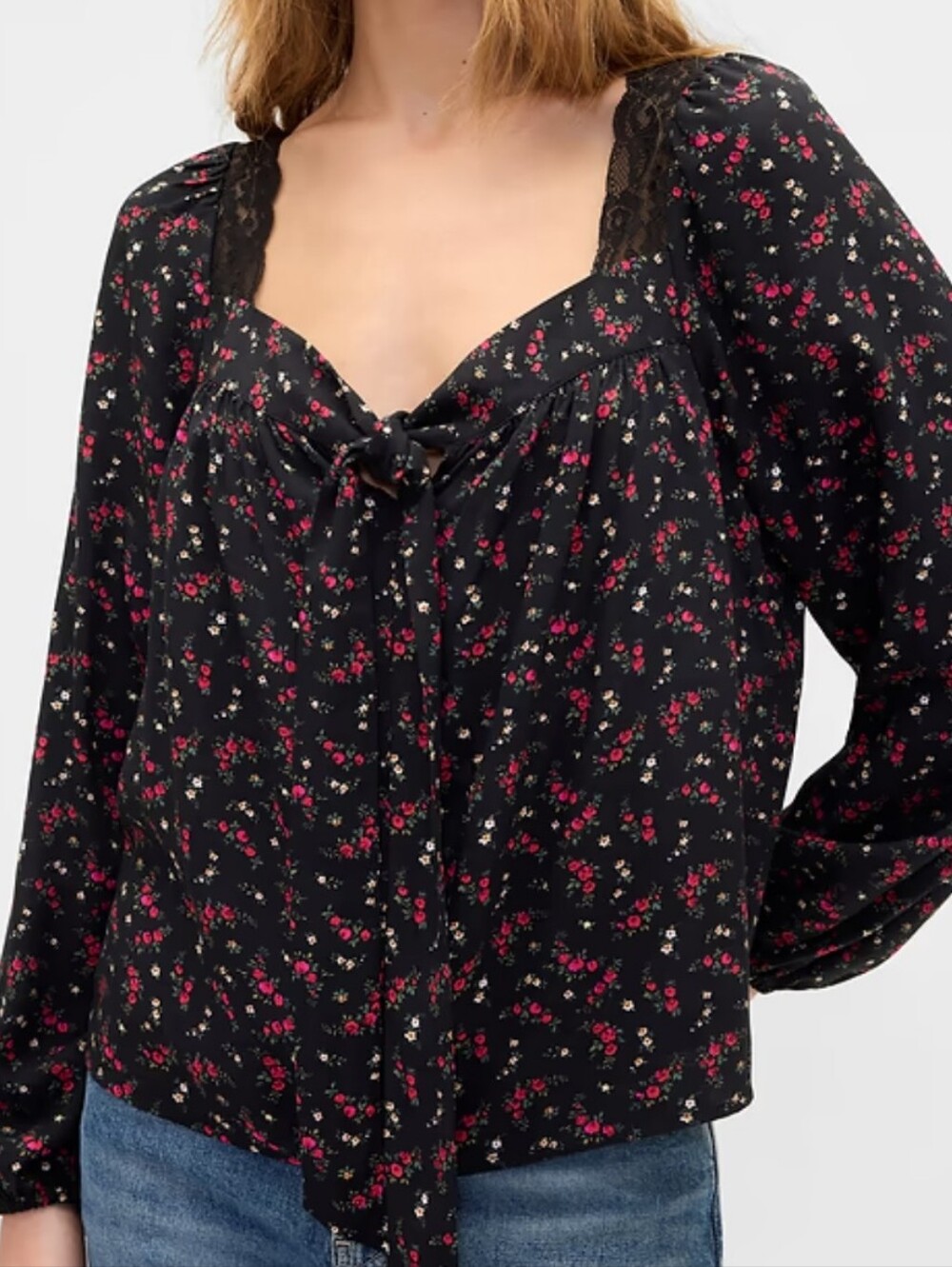 NWT - GAP Lace Trim Black Floral Tie-Front Oversize Long-Sleeve Top - Size S